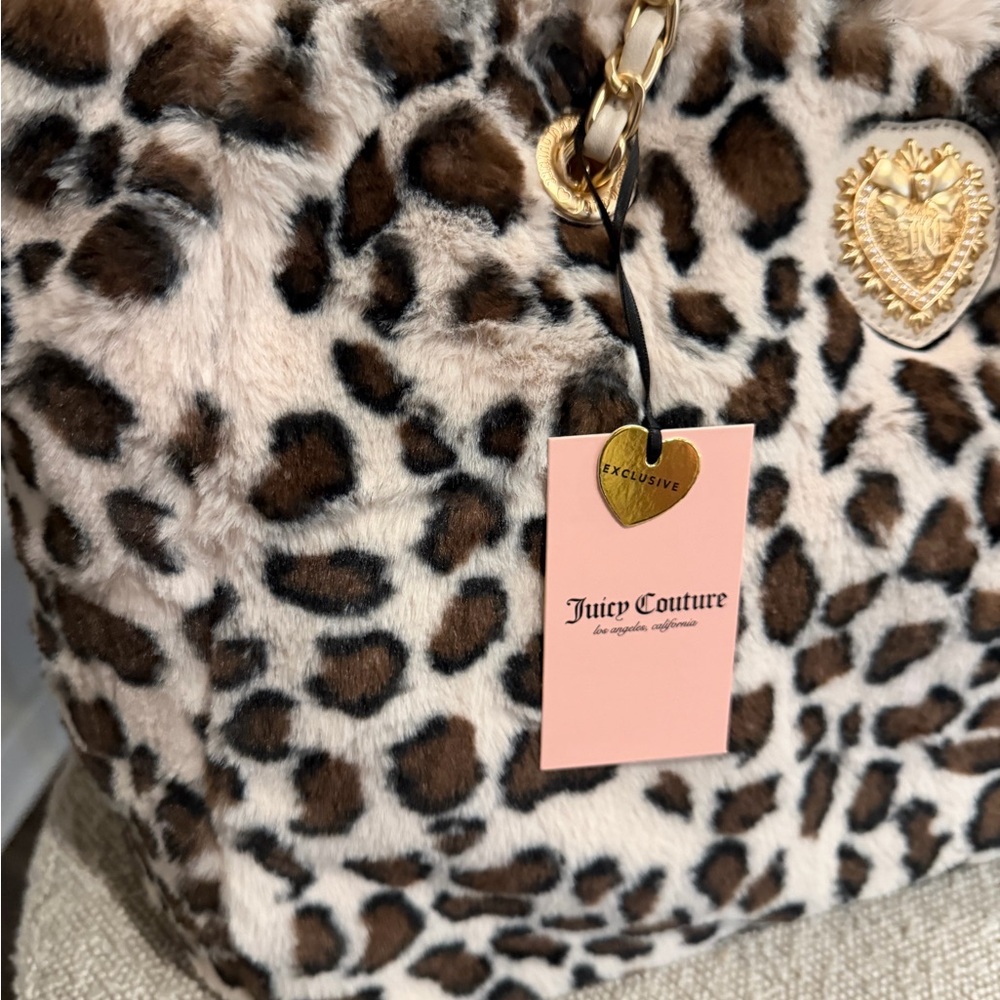 Juicy Couture Faux Fur snow Leopard Tote with Gold Accents - Picture 3 of 5